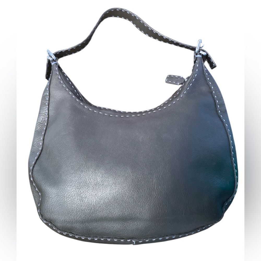 FENDI Midnight Navy Blue Selleria Leather Contrast White Top Stitching Hobo Bag